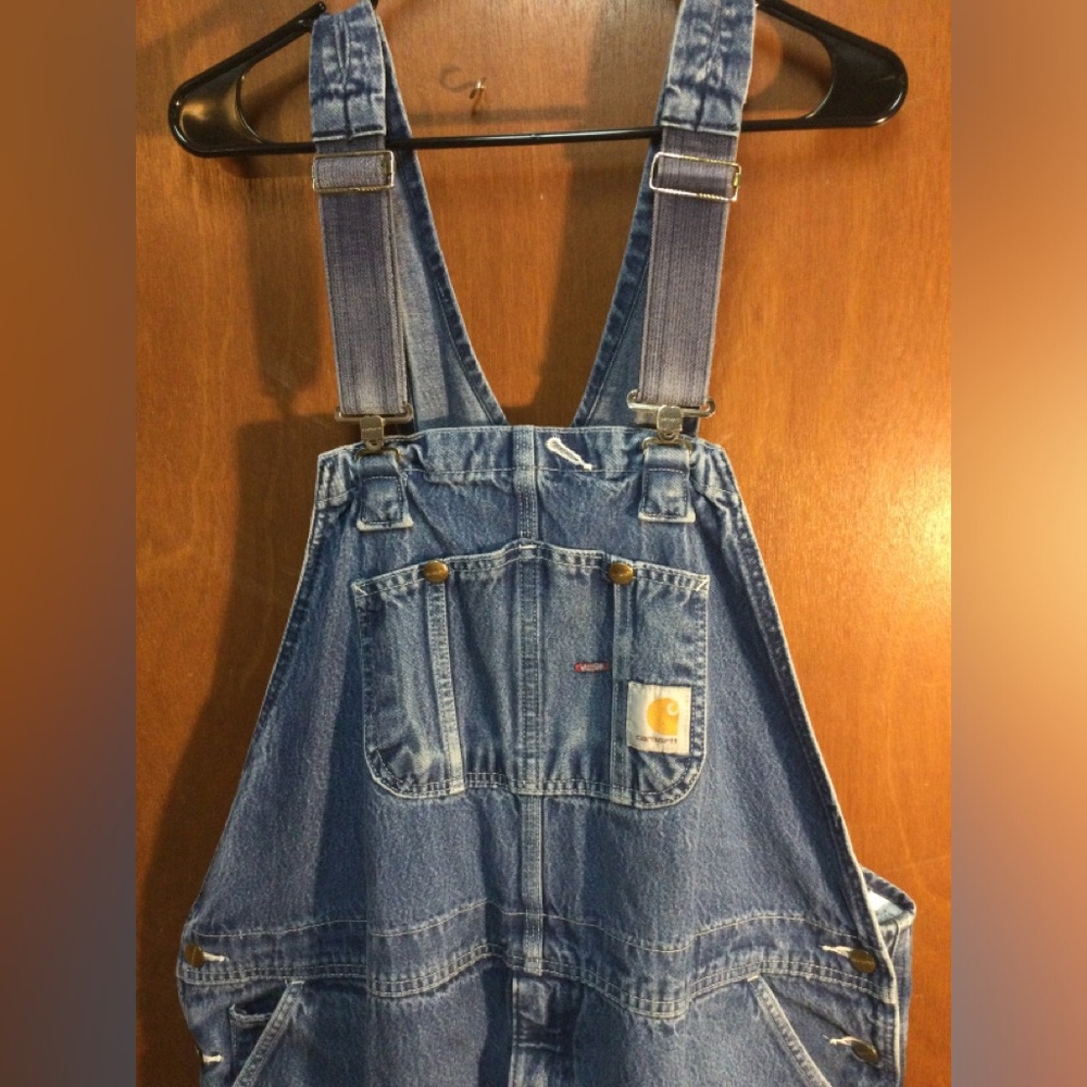 Carhartt Bib Overalls Mens 46x32 Blue Denim R08DNM Paint Splatter Workwear
